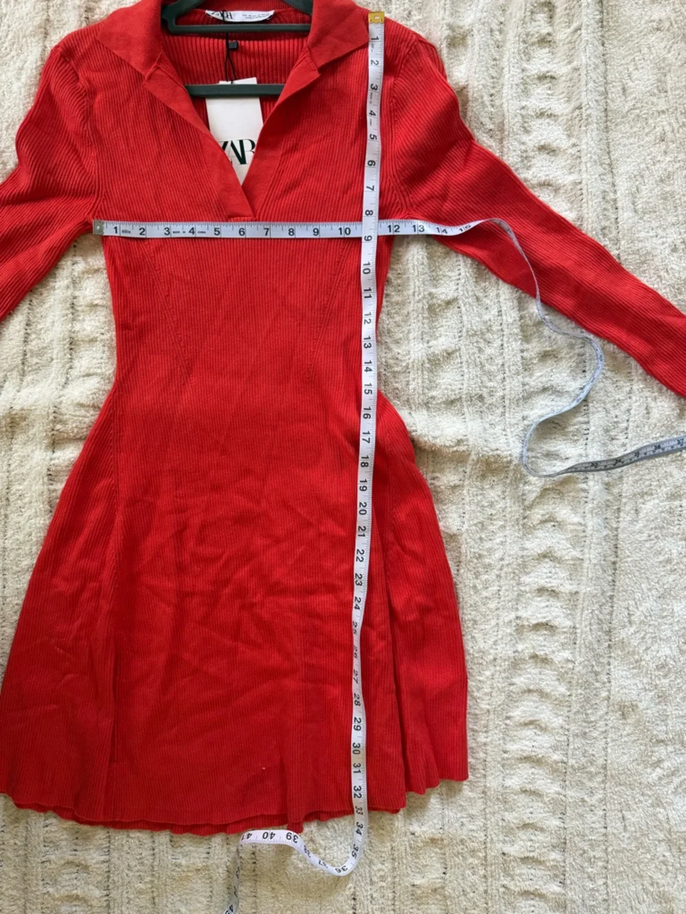 Zara Red Orange Ribbed Knit Mini Dress Polo Collar Bodycon Long Sleeve Medium - Picture 8 of 11